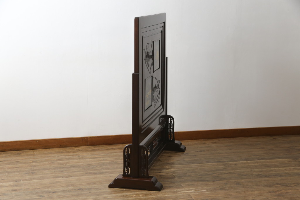 中古　超美品!!　最高級　伝統工芸品　大阪唐木指物　好斉作　蒔絵入り　漆塗り　中澤唐木　紫檀(シタン)材　和の空間を引き立てる輪島塗りの衝立て(仕切り、パーテーション、つい立て、衝い立て)(定価約200万円)(R-071411)