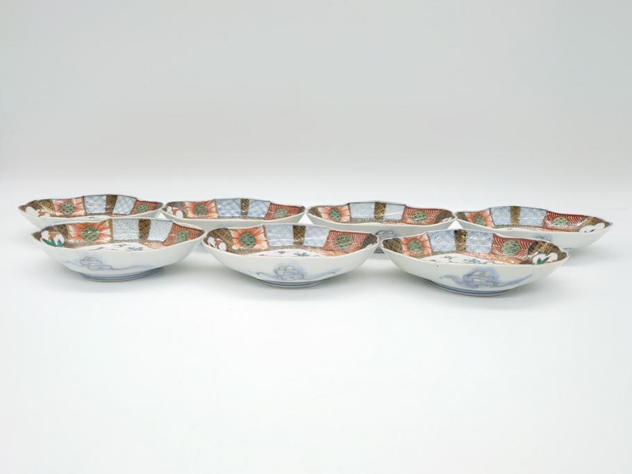 幕末〜明治期　伊万里　色絵　錦手　鶴松　2.5寸皿　約7.5cm　鮮やかな色彩と上品なフォルムが食卓のアクセントとなる変形皿7客セット(深皿、和食器、和皿、二寸五分)(R-062331)