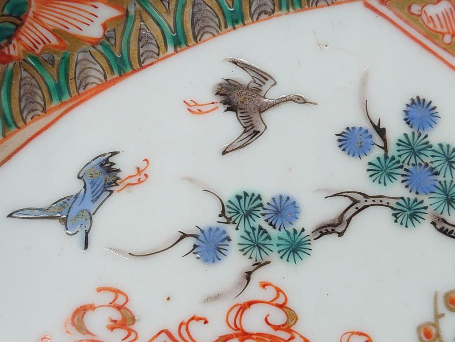 幕末〜明治期　伊万里　色絵　錦手　鶴松　2.5寸皿　約7.5cm　鮮やかな色彩と上品なフォルムが食卓のアクセントとなる変形皿7客セット(深皿、和食器、和皿、二寸五分)(R-062331)
