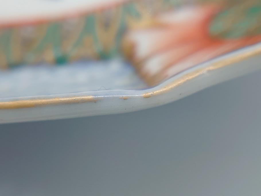 幕末〜明治期　伊万里　色絵　錦手　鶴松　2.5寸皿　約7.5cm　鮮やかな色彩と上品なフォルムが食卓のアクセントとなる変形皿7客セット(深皿、和食器、和皿、二寸五分)(R-062331)