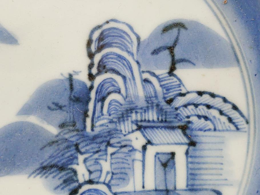 江戸期　古伊万里　染付　人物　5.6寸皿　約17cm　静けさが漂う山水図と縁の大胆なデザインが魅力の皿3客セット(中皿、和食器、和皿、リム皿、五寸六分)(R-062299)