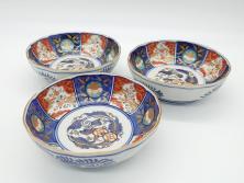 幕末〜明治期　富長貴春(富貴長春)　伊万里　色絵　金彩　5寸皿　約15cm　煌びやかで豪華な絵付けの深皿3客セット(和食器、和皿、変形皿、五寸)(R-062300)