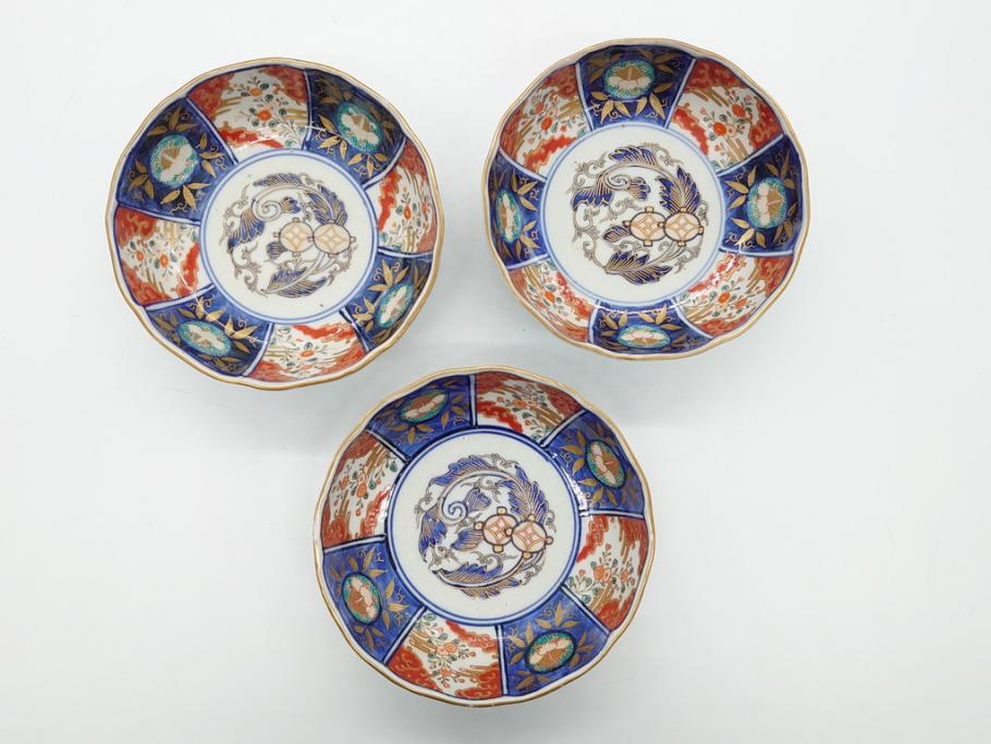 幕末〜明治期　富長貴春(富貴長春)　伊万里　色絵　金彩　5寸皿　約15cm　煌びやかで豪華な絵付けの深皿3客セット(和食器、和皿、変形皿、五寸)(R-062300)