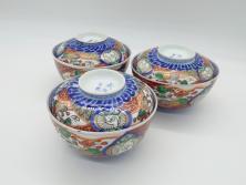 和製アンティーク　九谷焼　九谷庄三　色絵　牡丹と僧侶　茶器セット(急須、湯冷まし、湯呑み)
