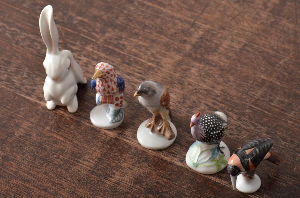 ハンガリー　HEREND(ヘレンド)　ウサギ　鳥　フィギュリン5個セット(R-043398)