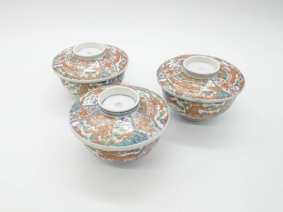 幕末〜明治期　伊万里　金彩　約13cm　4.3寸　華やかな色絵が食卓に彩を与える蓋付き茶碗3客セット(獅子、松竹、和食器、四寸三分)(R-070488)