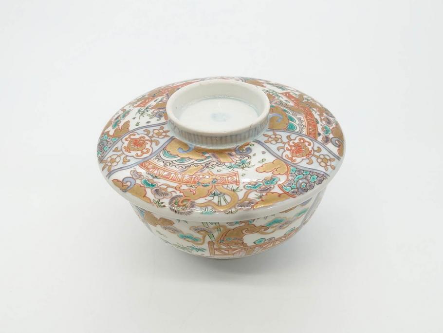 幕末〜明治期　伊万里　金彩　約13cm　4.3寸　華やかな色絵が食卓に彩を与える蓋付き茶碗3客セット(獅子、松竹、和食器、四寸三分)(R-070488)