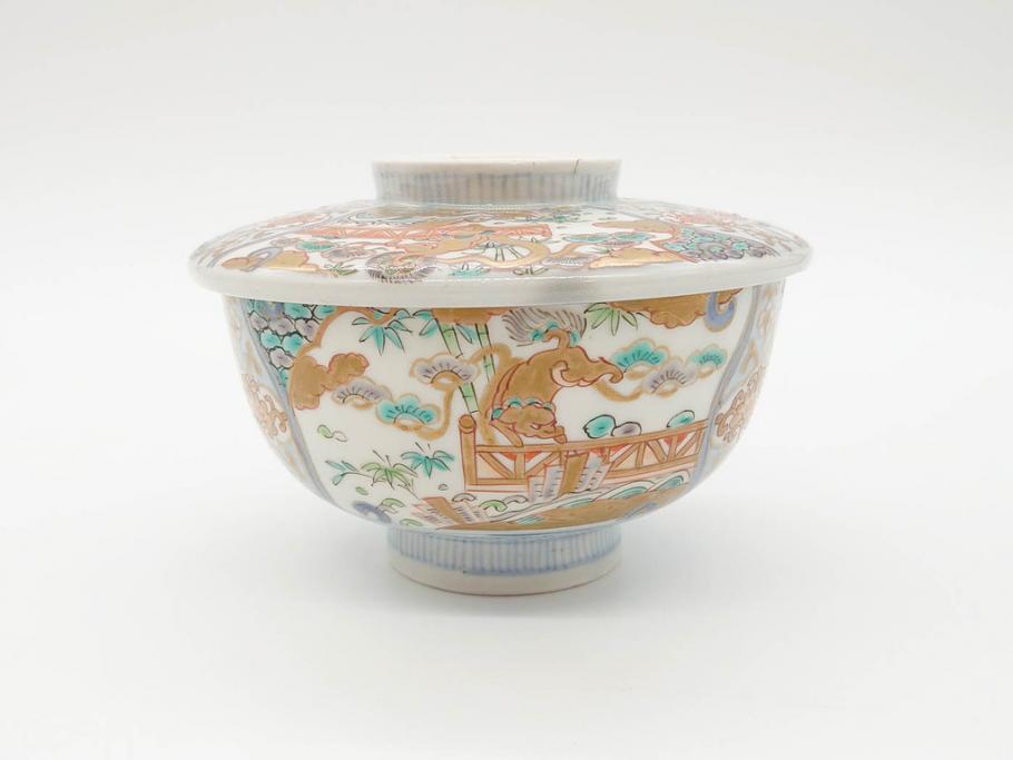 幕末〜明治期　伊万里　金彩　約13cm　4.3寸　華やかな色絵が食卓に彩を与える蓋付き茶碗3客セット(獅子、松竹、和食器、四寸三分)(R-070488)