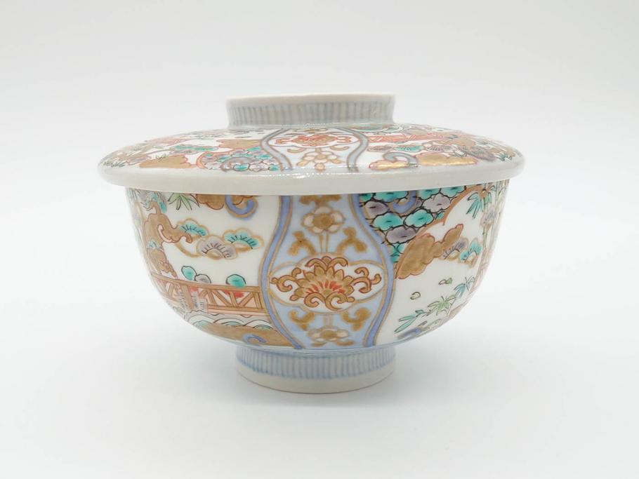 幕末〜明治期　伊万里　金彩　約13cm　4.3寸　華やかな色絵が食卓に彩を与える蓋付き茶碗3客セット(獅子、松竹、和食器、四寸三分)(R-070488)