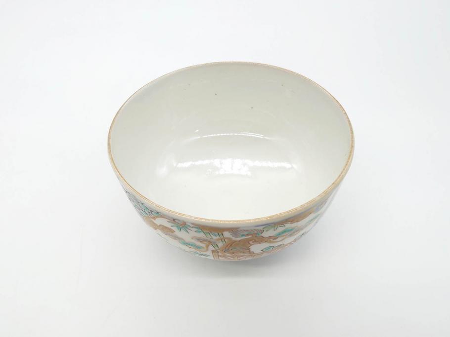 幕末〜明治期　伊万里　金彩　約13cm　4.3寸　華やかな色絵が食卓に彩を与える蓋付き茶碗3客セット(獅子、松竹、和食器、四寸三分)(R-070488)