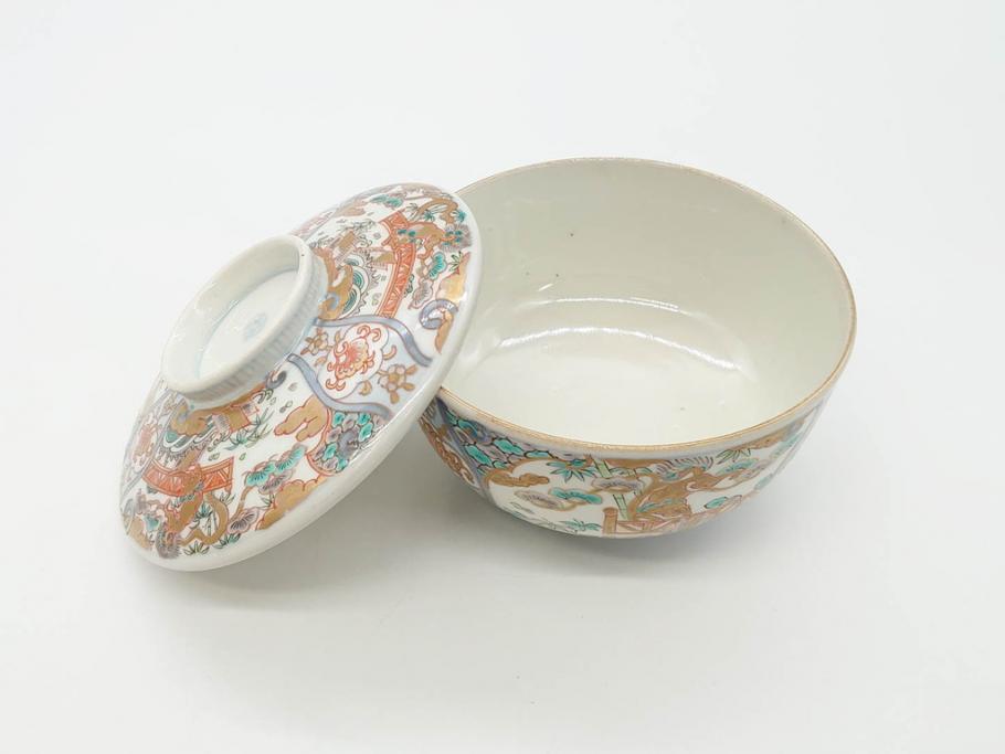 幕末〜明治期　伊万里　金彩　約13cm　4.3寸　華やかな色絵が食卓に彩を与える蓋付き茶碗3客セット(獅子、松竹、和食器、四寸三分)(R-070488)