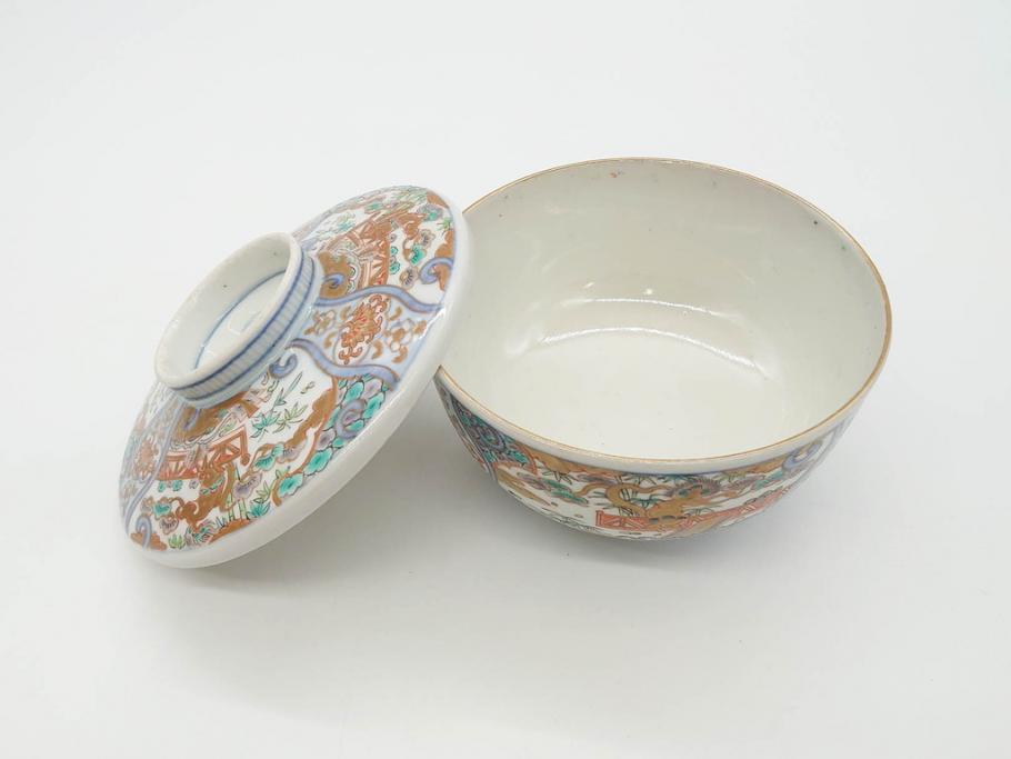 幕末〜明治期　伊万里　金彩　約13cm　4.3寸　華やかな色絵が食卓に彩を与える蓋付き茶碗3客セット(獅子、松竹、和食器、四寸三分)(R-070488)