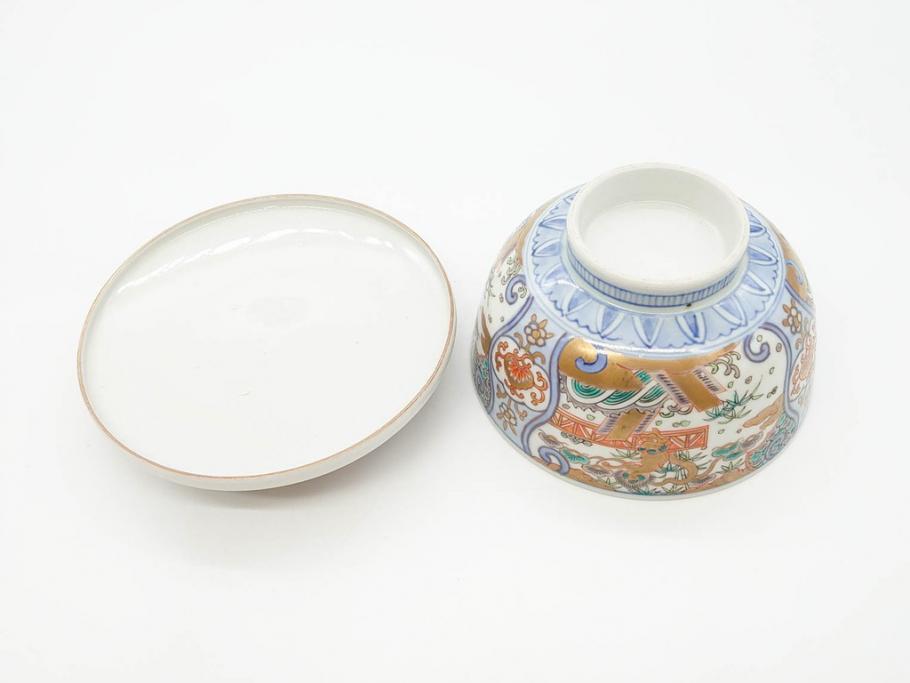 幕末〜明治期　伊万里　金彩　約13cm　4.3寸　華やかな色絵が食卓に彩を与える蓋付き茶碗3客セット(獅子、松竹、和食器、四寸三分)(R-070488)