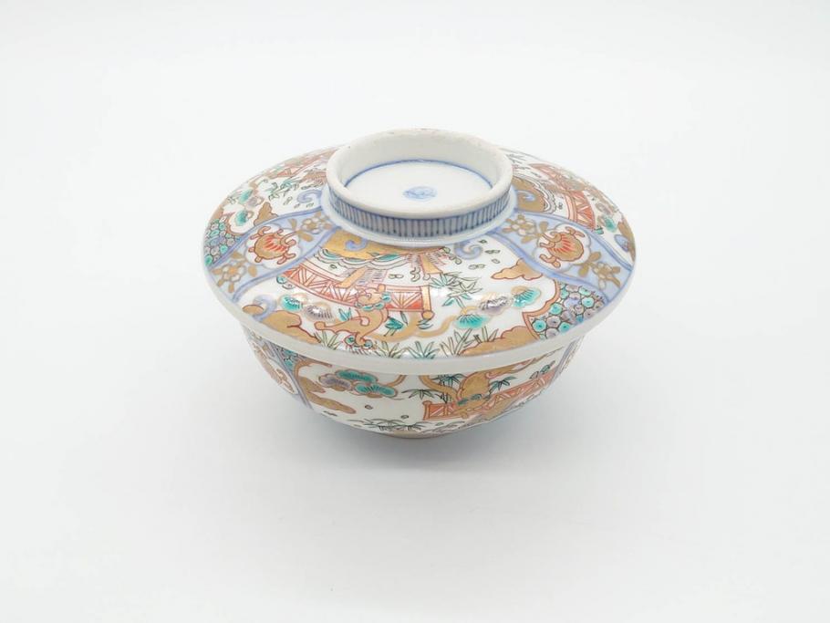 幕末〜明治期　伊万里　金彩　約14cm　4.4寸　華やかな色絵が食卓に彩を与える蓋付き茶碗3客セット(獅子、松竹、和食器、四寸四分)(R-070489)