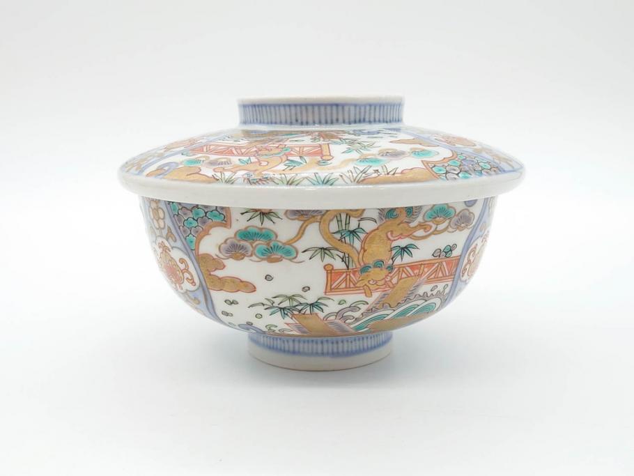 幕末〜明治期　伊万里　金彩　約14cm　4.4寸　華やかな色絵が食卓に彩を与える蓋付き茶碗3客セット(獅子、松竹、和食器、四寸四分)(R-070489)