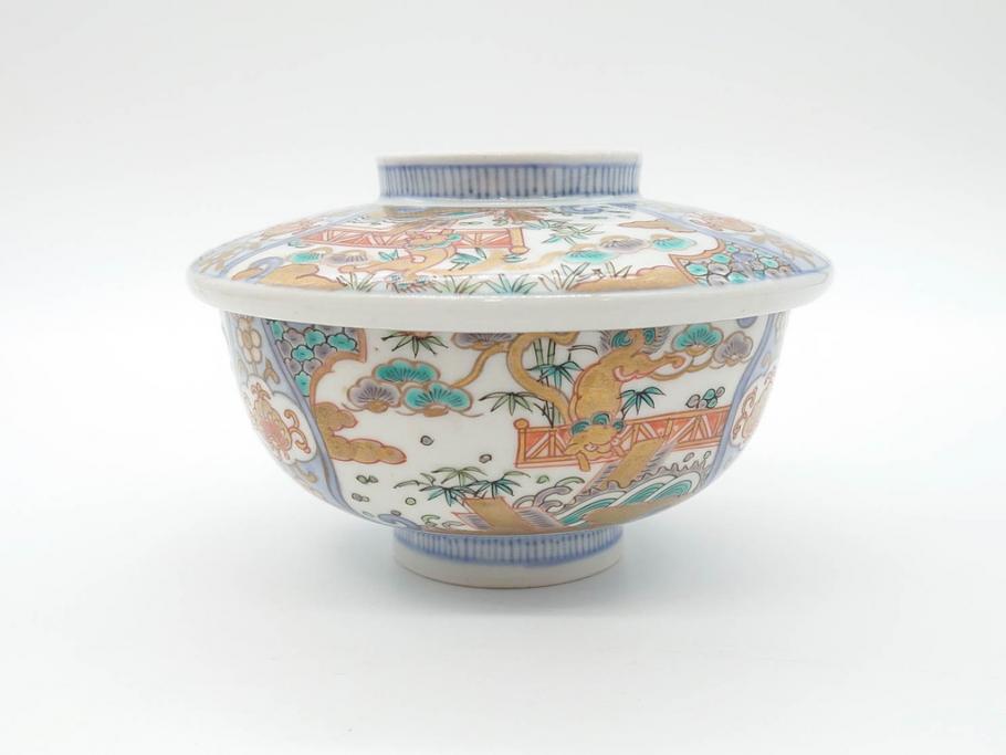 幕末〜明治期　伊万里　金彩　約14cm　4.4寸　華やかな色絵が食卓に彩を与える蓋付き茶碗3客セット(獅子、松竹、和食器、四寸四分)(R-070489)