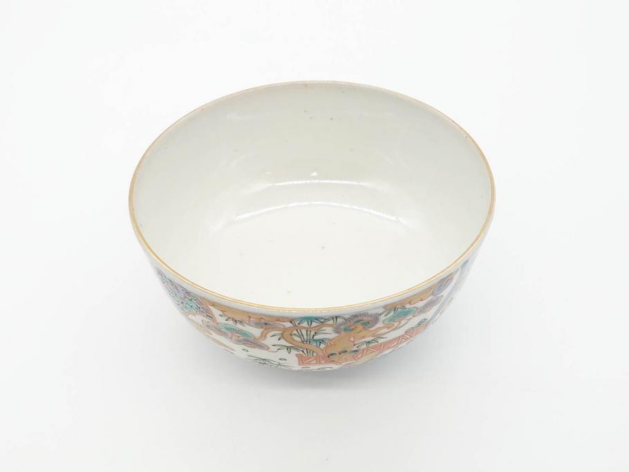 幕末〜明治期　伊万里　金彩　約14cm　4.4寸　華やかな色絵が食卓に彩を与える蓋付き茶碗3客セット(獅子、松竹、和食器、四寸四分)(R-070489)