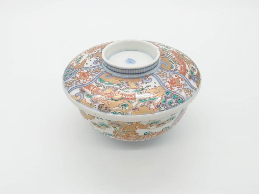 幕末〜明治期　伊万里　金彩　約14cm　4.4寸　華やかな色絵が食卓に彩を与える蓋付き茶碗3客セット(獅子、松竹、和食器、四寸四分)(R-070489)