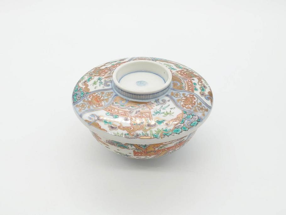 幕末〜明治期　伊万里　金彩　約14cm　4.4寸　華やかな色絵が食卓に彩を与える蓋付き茶碗3客セット(獅子、松竹、和食器、四寸四分)(R-070489)