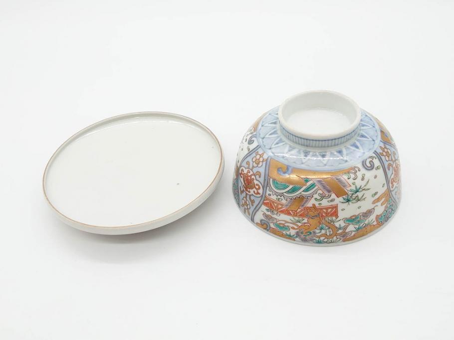 幕末〜明治期　伊万里　金彩　約14cm　4.4寸　華やかな色絵が食卓に彩を与える蓋付き茶碗3客セット(獅子、松竹、和食器、四寸四分)(R-070489)