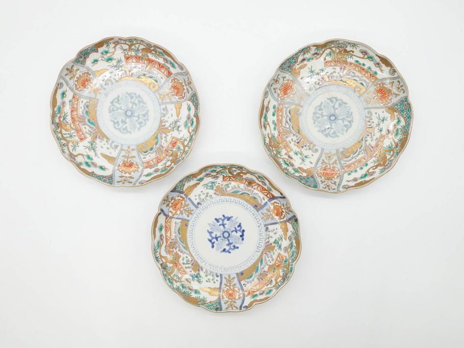 幕末期　伊万里　色絵　染付　約22cm　7寸　煌びやかな金彩が魅力的な中皿3枚セット(獅子、松竹、和食器、七寸)(R-070490)