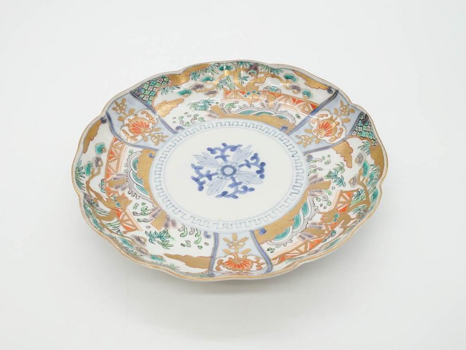 幕末期　伊万里　色絵　染付　約22cm　7寸　煌びやかな金彩が魅力的な中皿3枚セット(獅子、松竹、和食器、七寸)(R-070490)