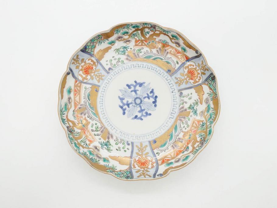 幕末期　伊万里　色絵　染付　約22cm　7寸　煌びやかな金彩が魅力的な中皿3枚セット(獅子、松竹、和食器、七寸)(R-070490)