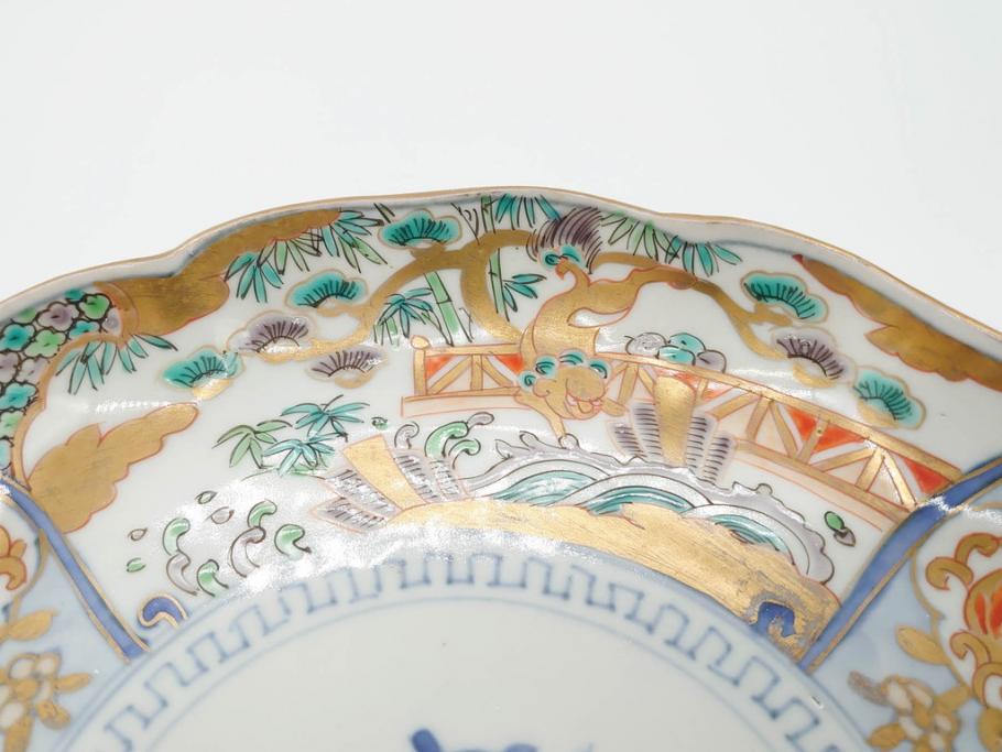 幕末期　伊万里　色絵　染付　約22cm　7寸　煌びやかな金彩が魅力的な中皿3枚セット(獅子、松竹、和食器、七寸)(R-070490)