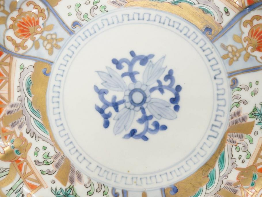 幕末期　伊万里　色絵　染付　約22cm　7寸　煌びやかな金彩が魅力的な中皿3枚セット(獅子、松竹、和食器、七寸)(R-070490)