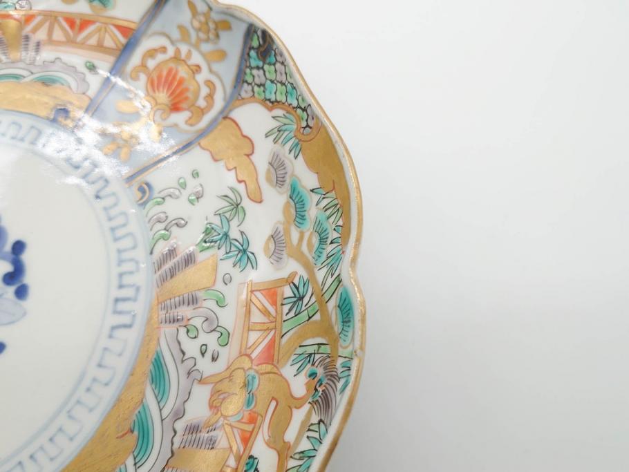 幕末期　伊万里　色絵　染付　約22cm　7寸　煌びやかな金彩が魅力的な中皿3枚セット(獅子、松竹、和食器、七寸)(R-070490)