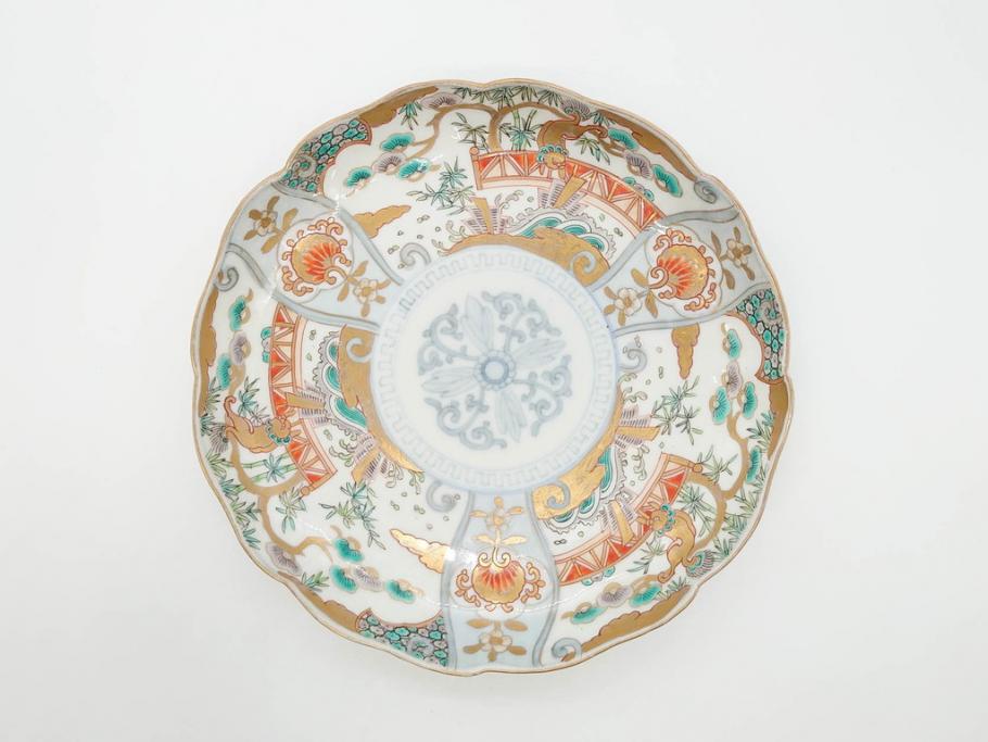 幕末期　伊万里　色絵　染付　約22cm　7寸　煌びやかな金彩が魅力的な中皿3枚セット(獅子、松竹、和食器、七寸)(R-070490)