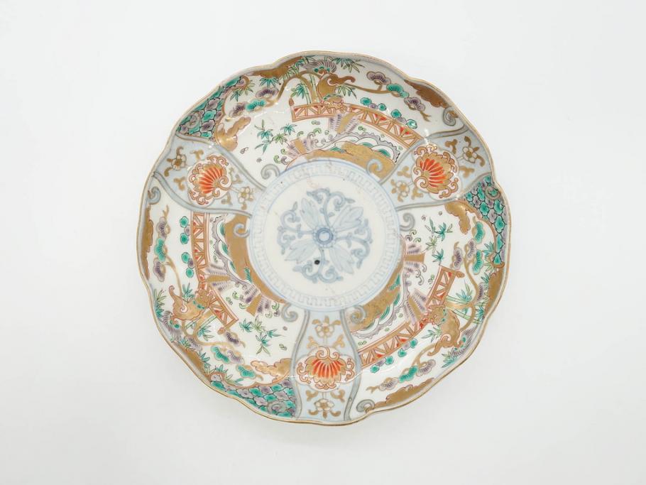 幕末期　伊万里　色絵　染付　約22cm　7寸　煌びやかな金彩が魅力的な中皿3枚セット(獅子、松竹、和食器、七寸)(R-070490)