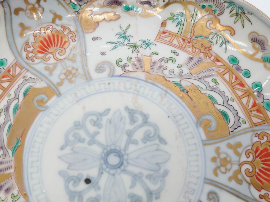 幕末期　伊万里　色絵　染付　約22cm　7寸　煌びやかな金彩が魅力的な中皿3枚セット(獅子、松竹、和食器、七寸)(R-070490)