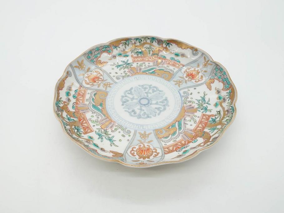幕末期　伊万里　色絵　染付　約22cm　7寸　煌びやかな金彩が魅力的な中皿3枚セット(獅子、松竹、和食器、七寸)(R-070491)