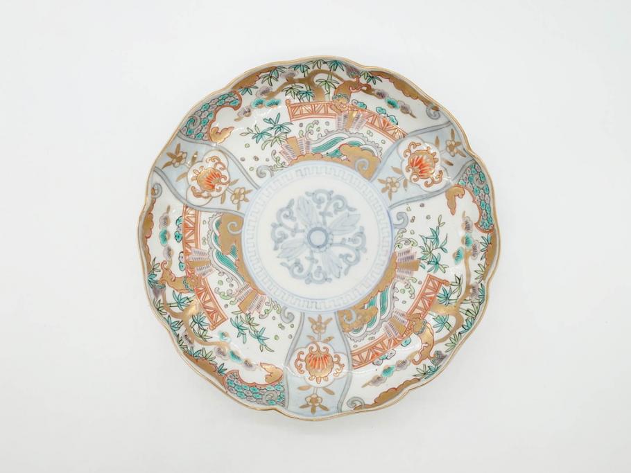 幕末期　伊万里　色絵　染付　約22cm　7寸　煌びやかな金彩が魅力的な中皿3枚セット(獅子、松竹、和食器、七寸)(R-070491)