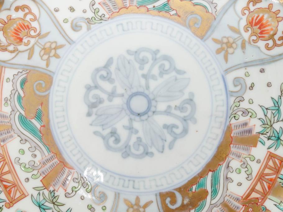 幕末期　伊万里　色絵　染付　約22cm　7寸　煌びやかな金彩が魅力的な中皿3枚セット(獅子、松竹、和食器、七寸)(R-070491)