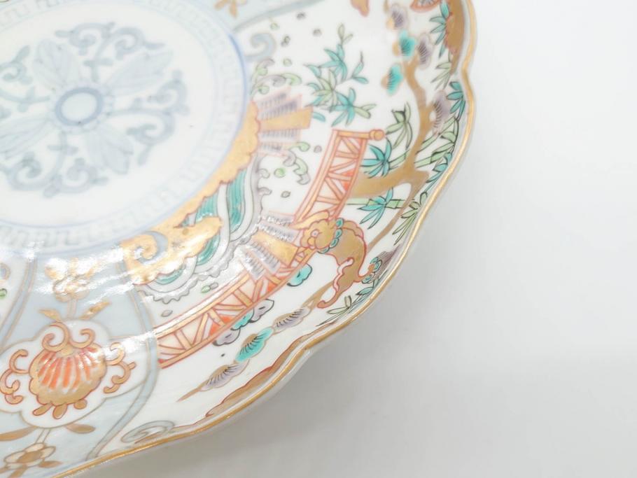 幕末期　伊万里　色絵　染付　約22cm　7寸　煌びやかな金彩が魅力的な中皿3枚セット(獅子、松竹、和食器、七寸)(R-070491)