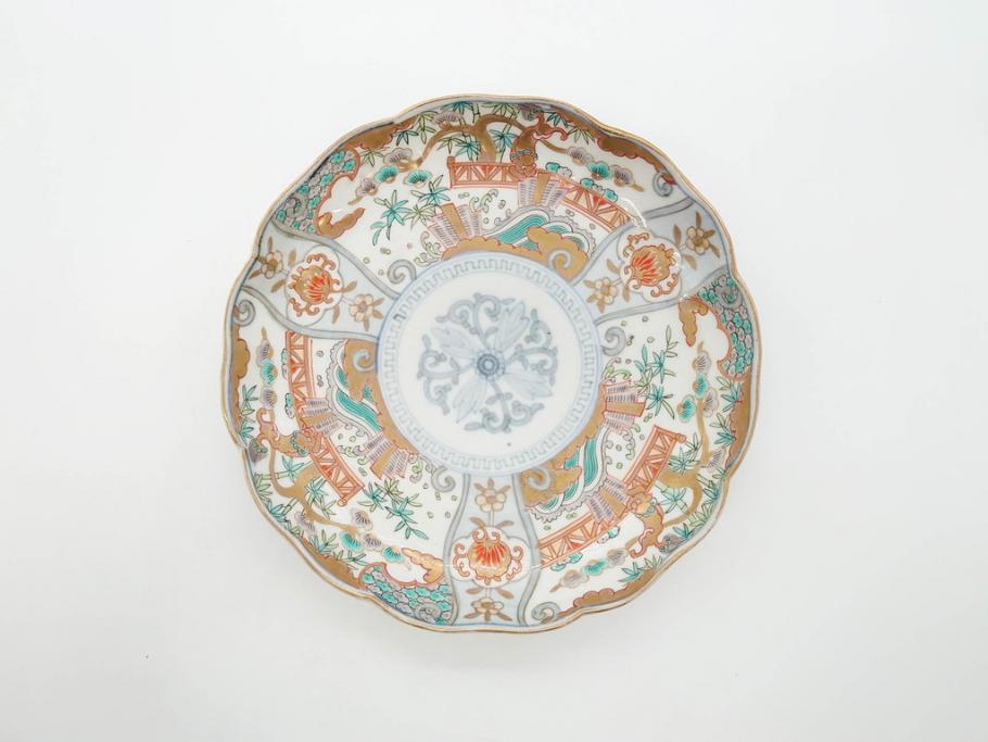 幕末期　伊万里　色絵　染付　約22cm　7寸　煌びやかな金彩が魅力的な中皿3枚セット(獅子、松竹、和食器、七寸)(R-070491)