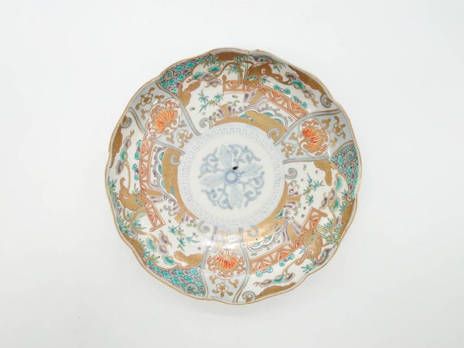 幕末期　伊万里　色絵　染付　約22cm　7寸　煌びやかな金彩が魅力的な中皿3枚セット(獅子、松竹、和食器、七寸)(R-070491)