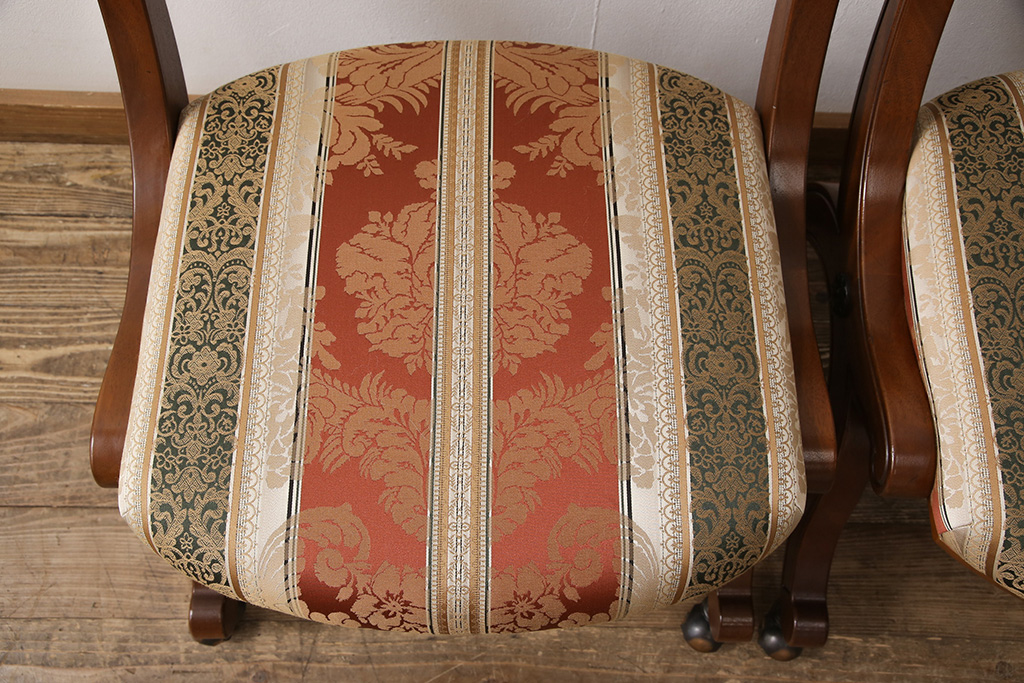 中古　美品　DREXEL HERITAGE(ドレクセルヘリテイジ)　光沢のあるファブリックが高級感を醸し出すキャスター付きダイニングチェア2脚セット(イス、椅子)(定価2脚で約40万円)(R-053458)