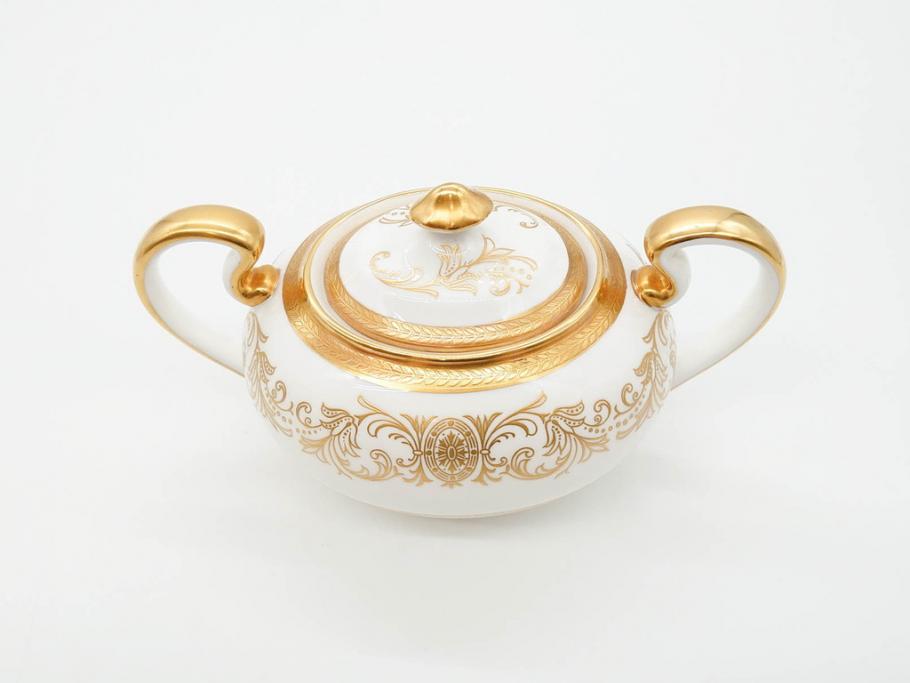 イギリス　AYNSLEY(エインズレイ)　Imperial Gold(インペリアルゴールド)　金の繊細なデザインが上品な雰囲気を醸し出すティーポット&シュガーポット&クリーマー3点セット(ミルクジャー、ミルクポット、ボンボン入れ、洋食器)(R-070629)