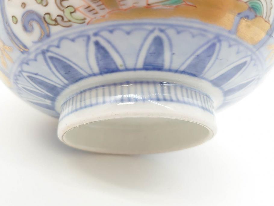 江戸期　古伊万里　金彩　色絵　約12cm　3.8寸　一つ一つ丁寧に絵付けされた豪華な蓋付き茶碗3客セット(獅子、松竹、和食器、三寸八分)(R-070632)