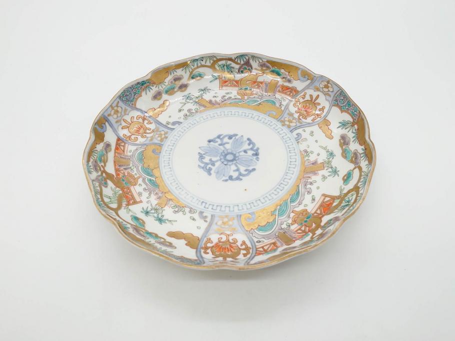 幕末期　伊万里　色絵　染付　約22cm　7寸　煌びやかな金彩が魅力的な中皿3枚セット(獅子、松竹、和食器、七寸)(R-070633)