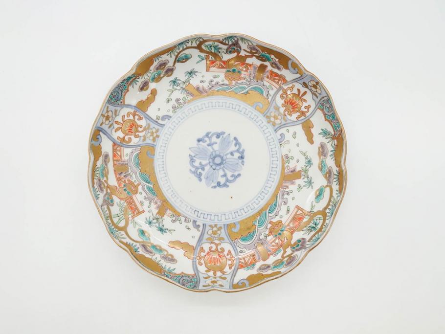 幕末期　伊万里　色絵　染付　約22cm　7寸　煌びやかな金彩が魅力的な中皿3枚セット(獅子、松竹、和食器、七寸)(R-070633)