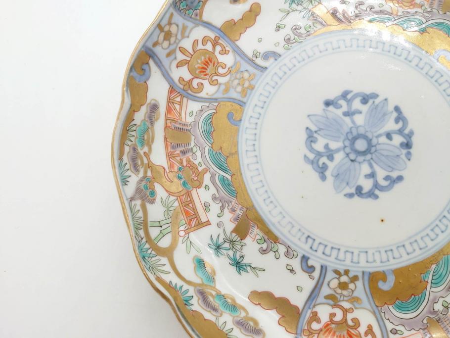 幕末期　伊万里　色絵　染付　約22cm　7寸　煌びやかな金彩が魅力的な中皿3枚セット(獅子、松竹、和食器、七寸)(R-070633)