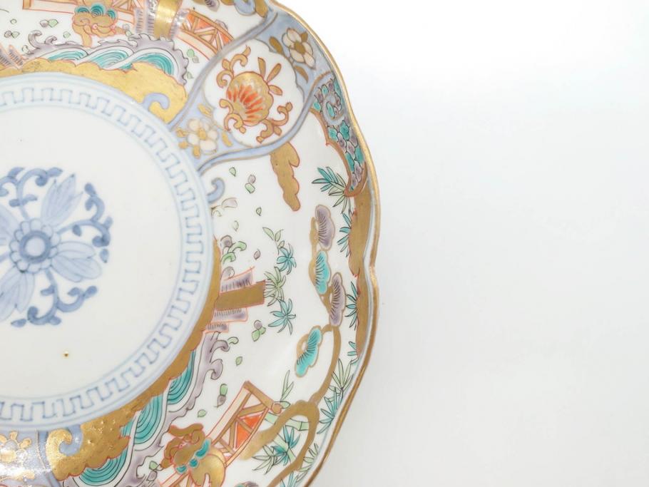 幕末期　伊万里　色絵　染付　約22cm　7寸　煌びやかな金彩が魅力的な中皿3枚セット(獅子、松竹、和食器、七寸)(R-070633)