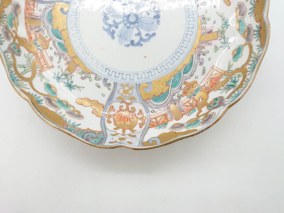 幕末期　伊万里　色絵　染付　約22cm　7寸　煌びやかな金彩が魅力的な中皿3枚セット(獅子、松竹、和食器、七寸)(R-070633)
