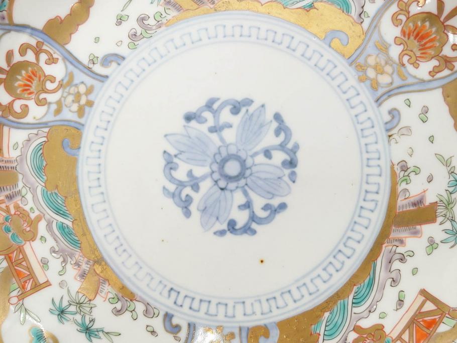 幕末期　伊万里　色絵　染付　約22cm　7寸　煌びやかな金彩が魅力的な中皿3枚セット(獅子、松竹、和食器、七寸)(R-070633)