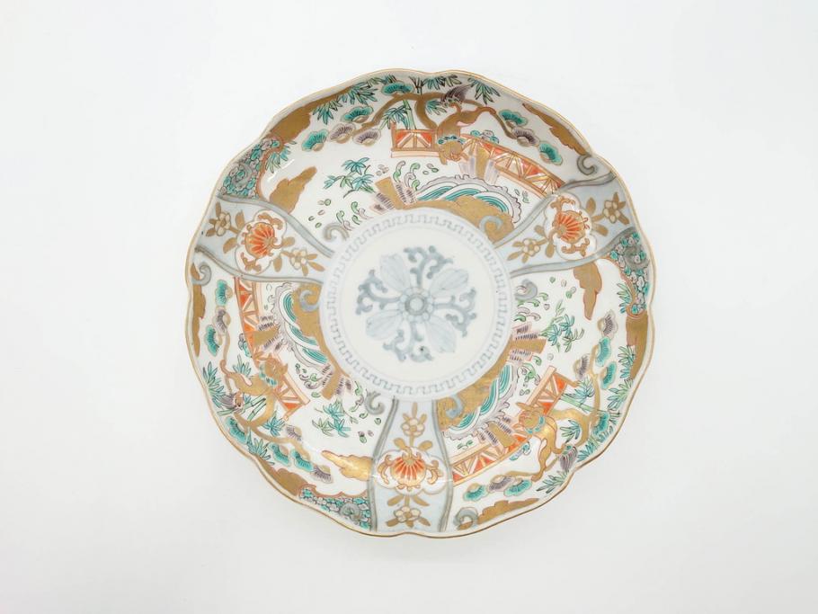 幕末期　伊万里　色絵　染付　約22cm　7寸　煌びやかな金彩が魅力的な中皿3枚セット(獅子、松竹、和食器、七寸)(R-070633)