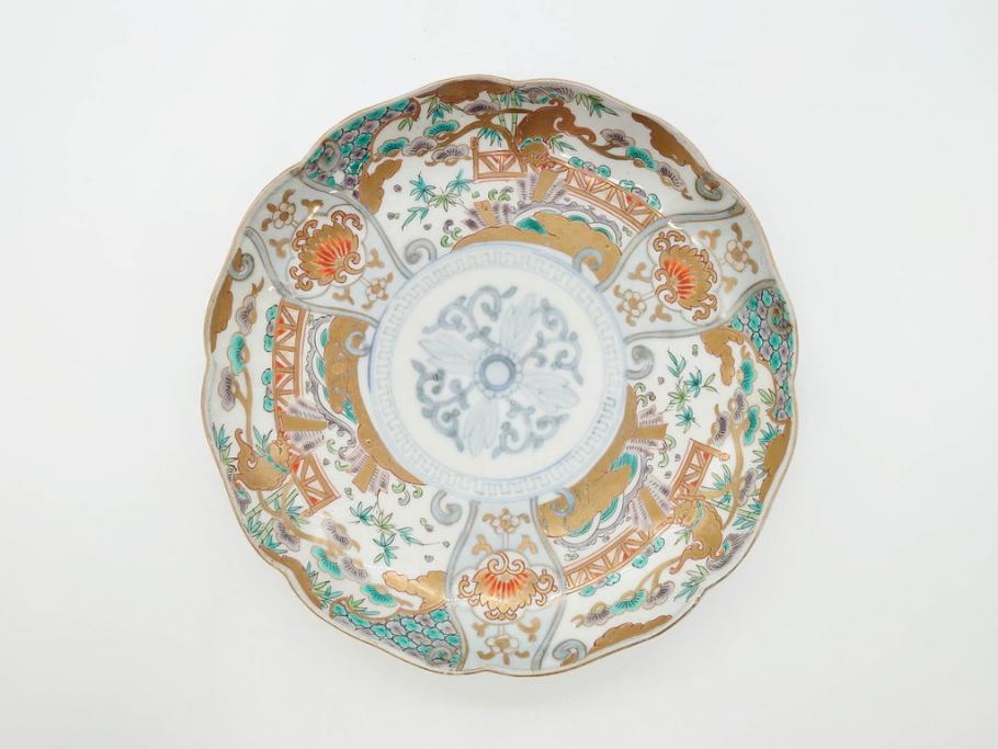 幕末期　伊万里　色絵　染付　約22cm　7寸　煌びやかな金彩が魅力的な中皿3枚セット(獅子、松竹、和食器、七寸)(R-070633)